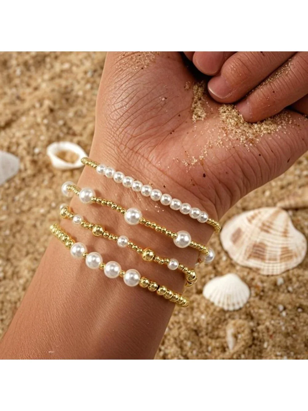 Trendy 14K Gold Plated Pearl Beaded Stackable Bracelets Set for Women